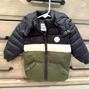 Mayoral Brand Never Worn 6 month jacket black, white, olive green stripe.